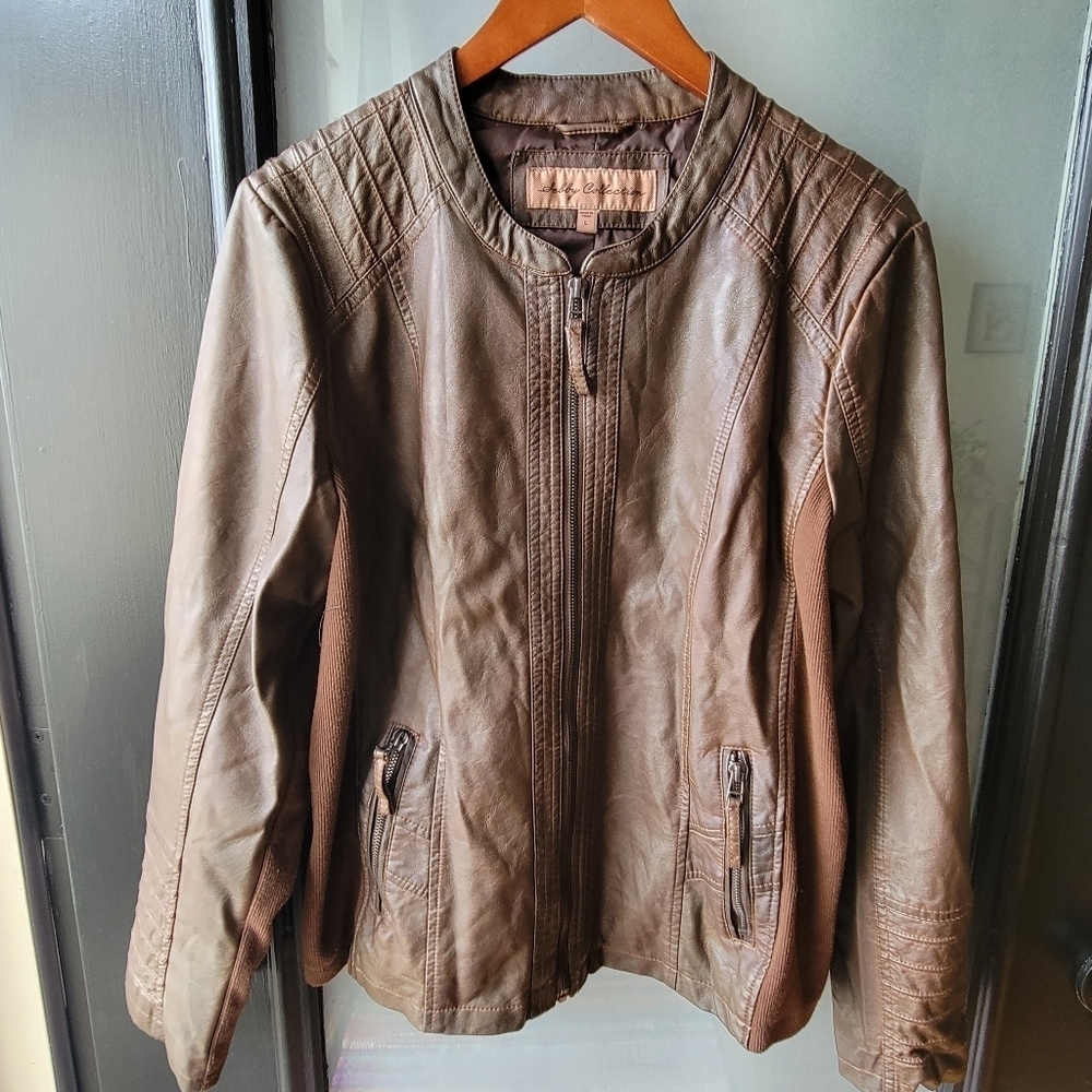 Sebby Collection Womens L Brown Whiskey Color Faux Leather Moto Style Jacket Zip - Picture 2 of 12